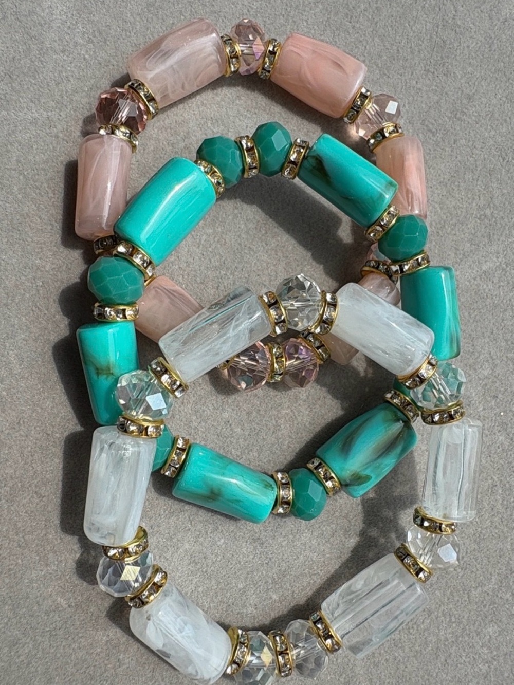 Turquoise, Blush and Crystal Bead Stretch Bracelet Set - Women Jewelry